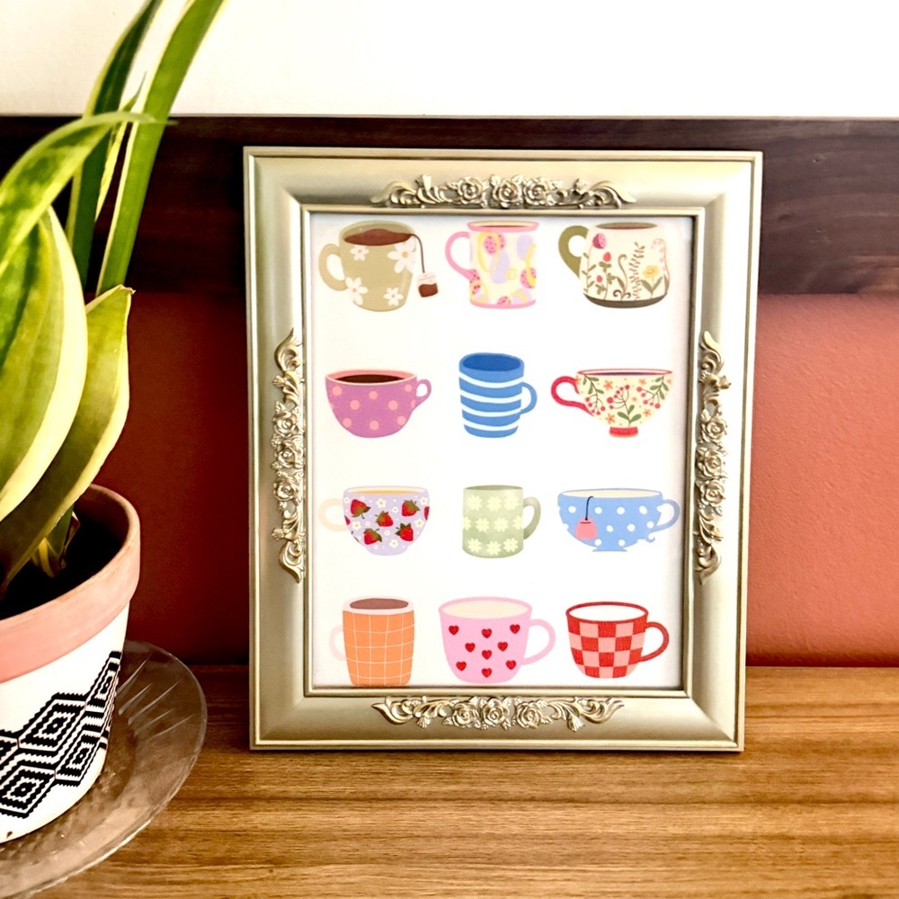 Colorful Tea Cup Canvas Art Print Kitchen Coffee Mug Silver Floral Framed Art
